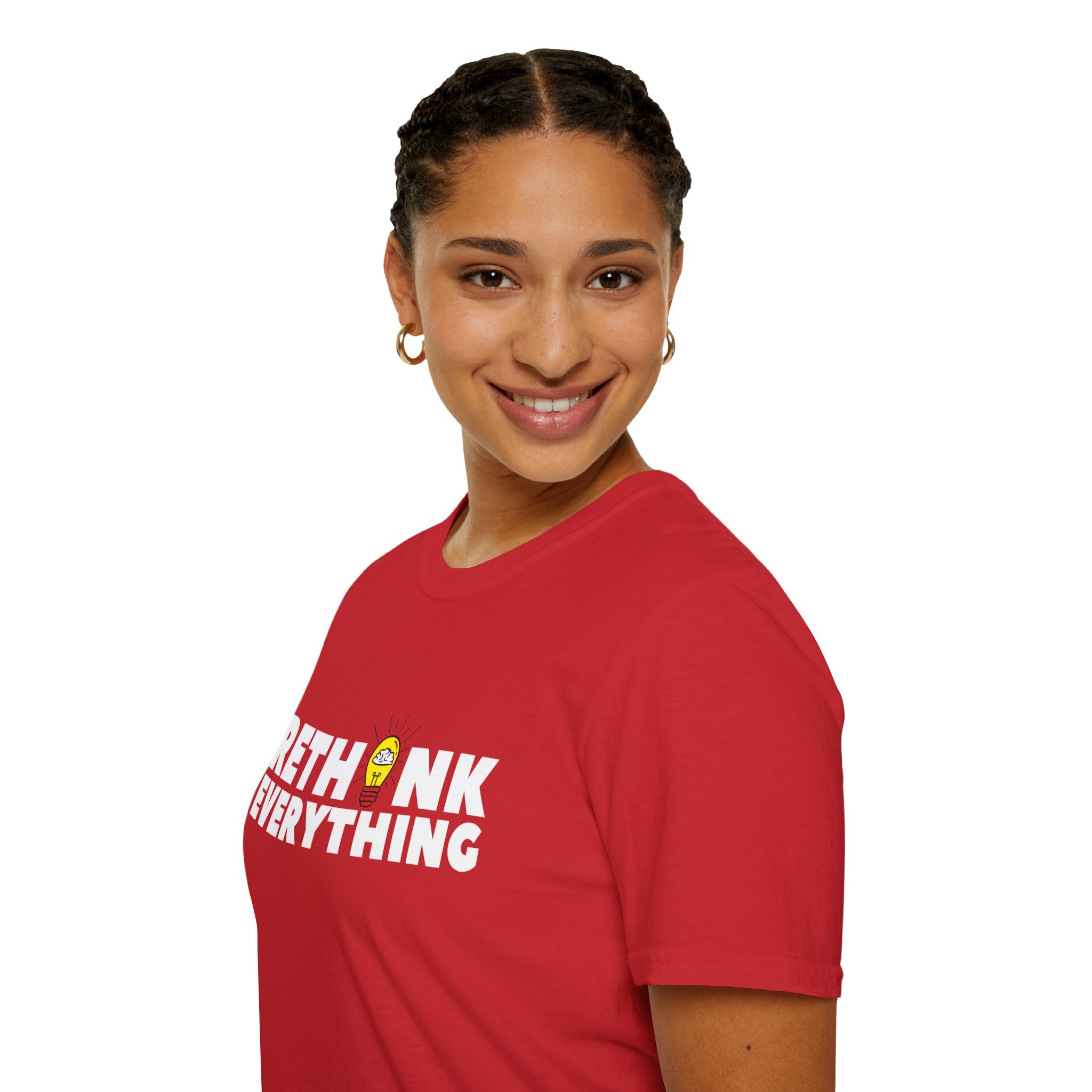 Rethink Everything T-Shirt — Bold White Text with Lightbulb Graphic
