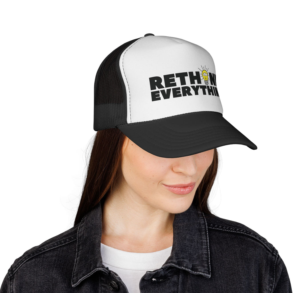 Rethink Everything Black & White Trucker Cap — Bold Graphic Hat with Lightbulb Design