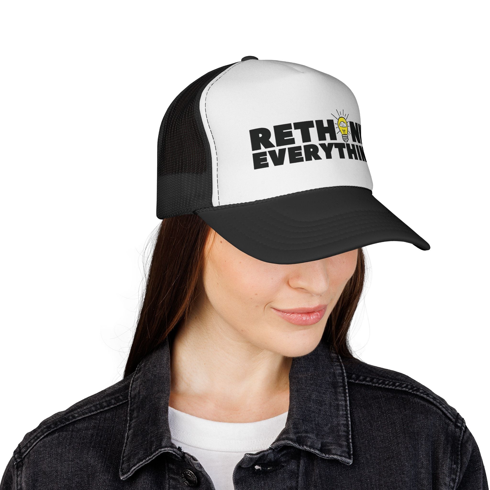 Rethink Everything Black & White Trucker Cap — Bold Graphic Hat with Lightbulb Design