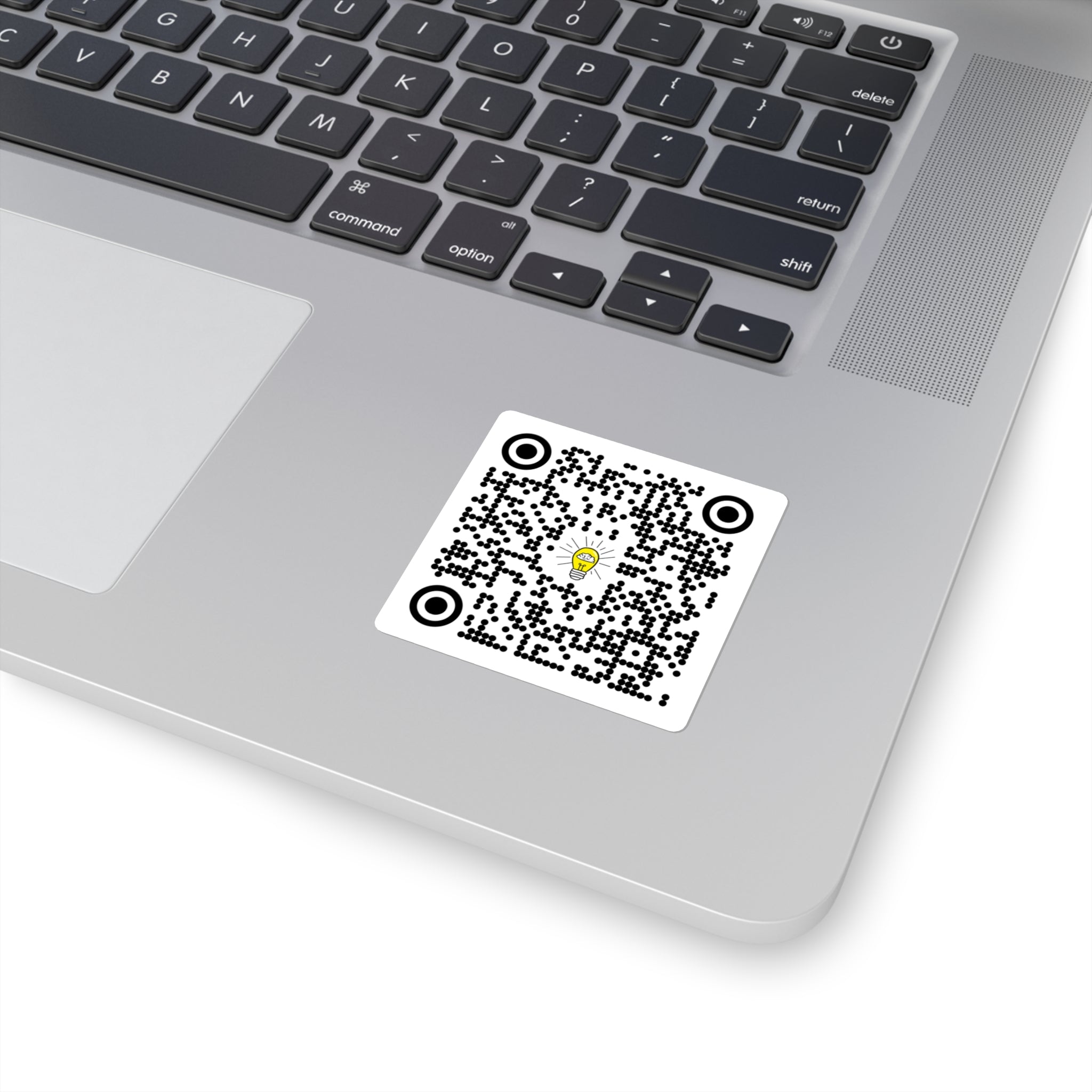 Rethink Everything Customer Service QR Code Sticker with Lightbulb Logo — Custom Scannable Laptop Decal