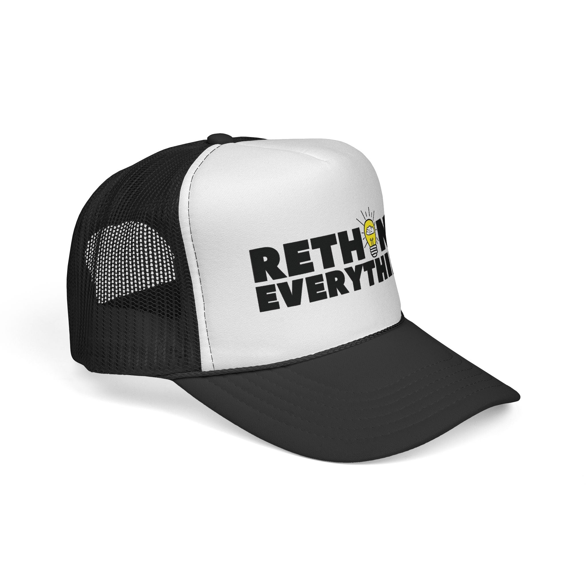 Rethink Everything Black & White Trucker Cap — Bold Graphic Hat with Lightbulb Design