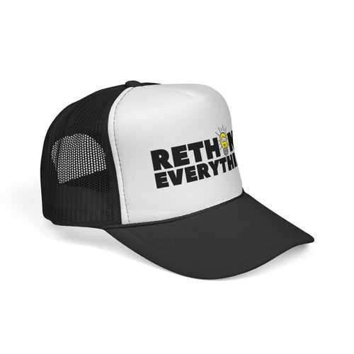 Rethink Everything Black & White Trucker Cap — Bold Graphic Hat with Lightbulb Design
