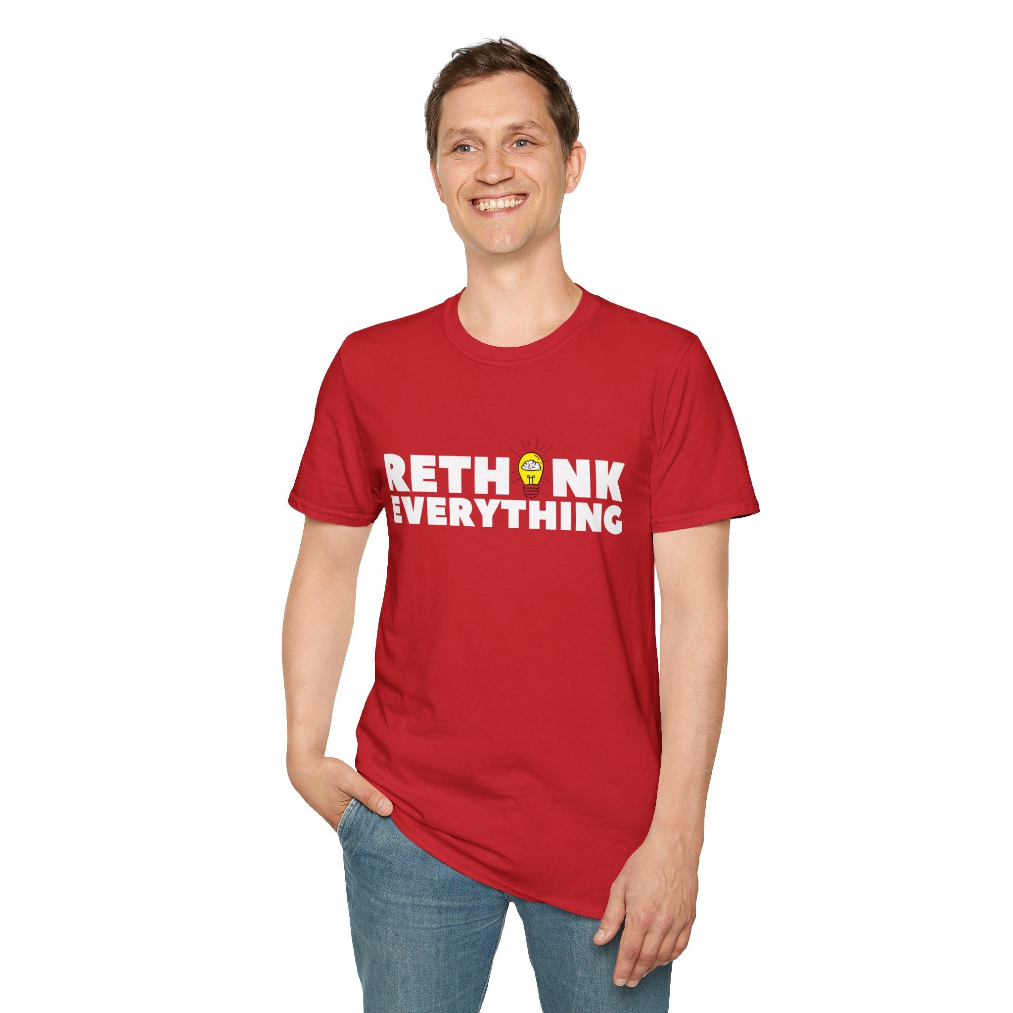 Rethink Everything T-Shirt — Bold White Text with Lightbulb Graphic