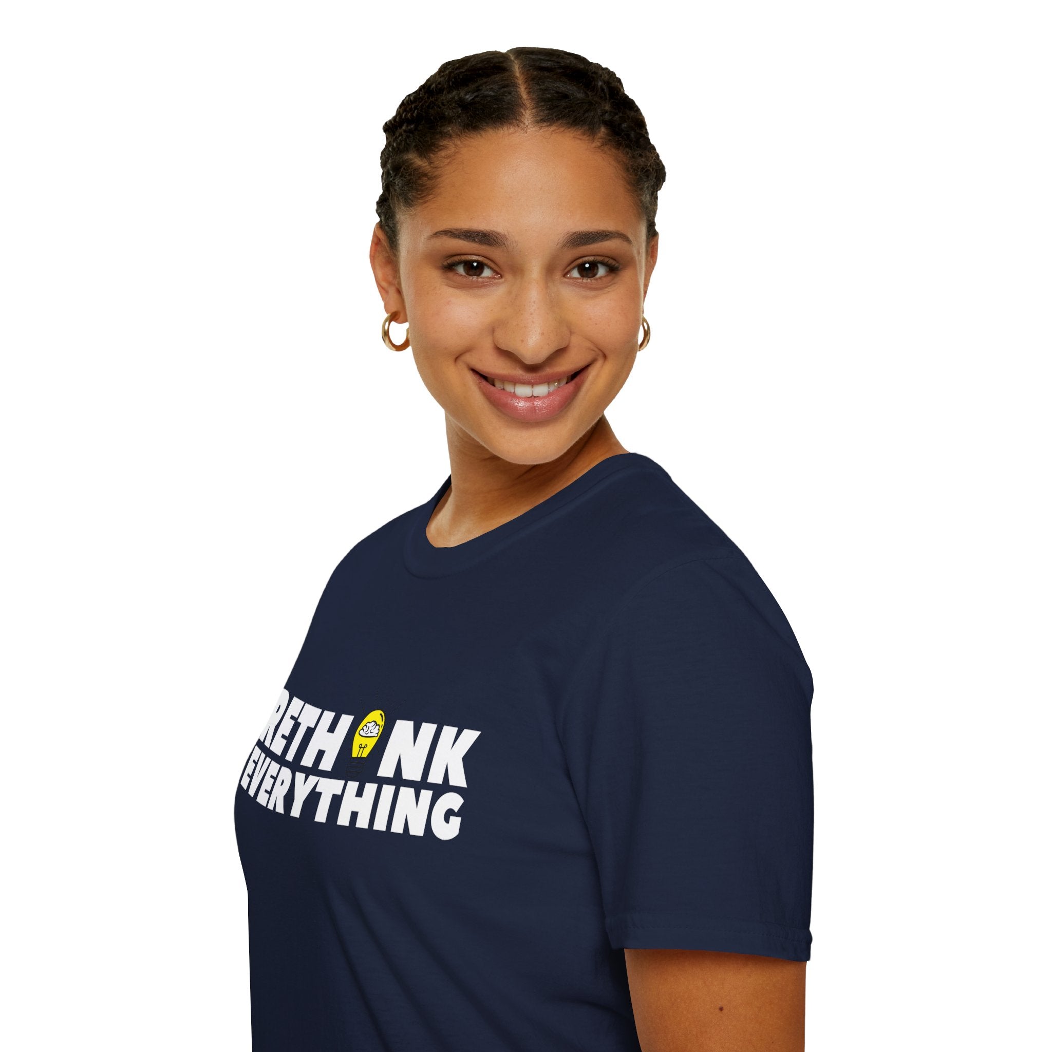 Rethink Everything T-Shirt — Bold White Text with Lightbulb Graphic