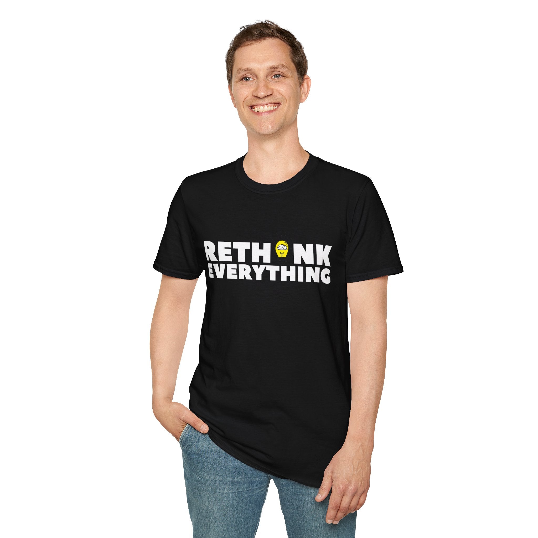 Rethink Everything T-Shirt — Bold White Text with Lightbulb Graphic