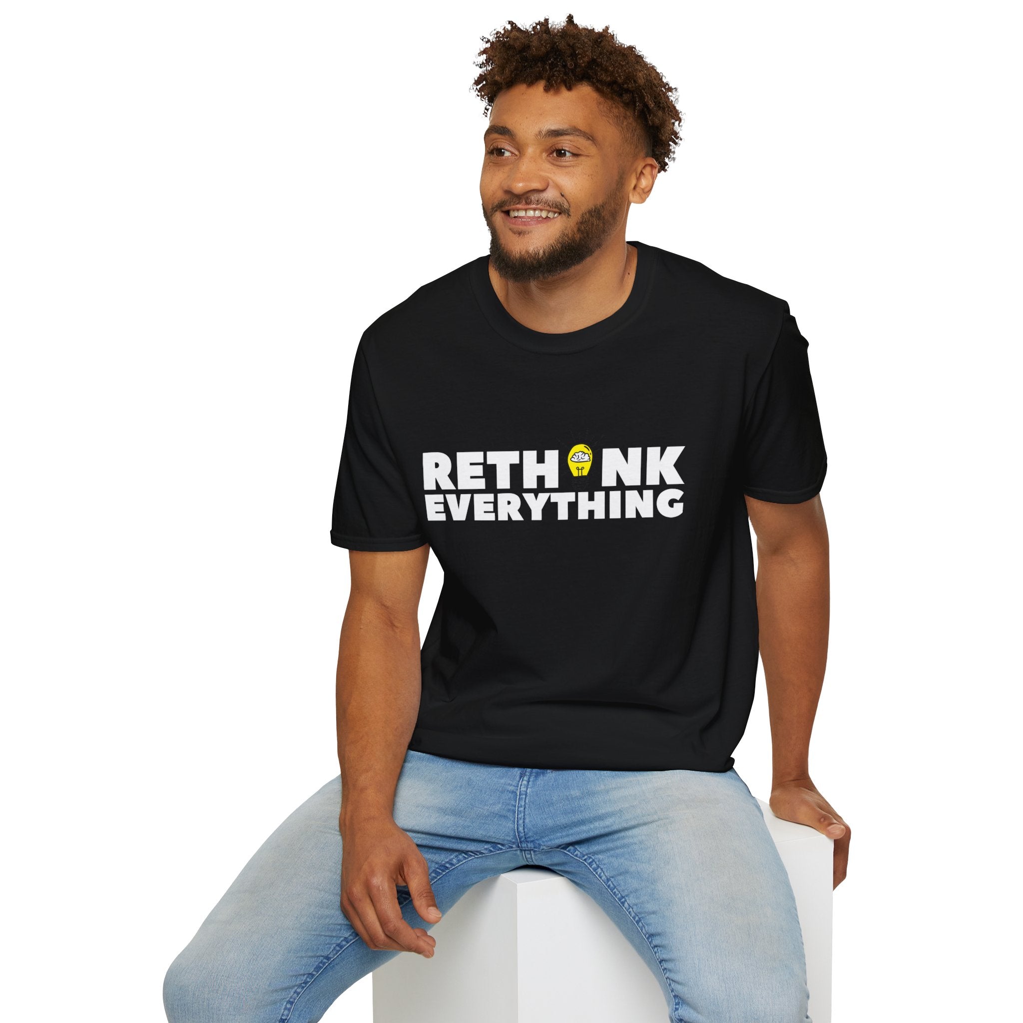 Rethink Everything T-Shirt — Bold White Text with Lightbulb Graphic