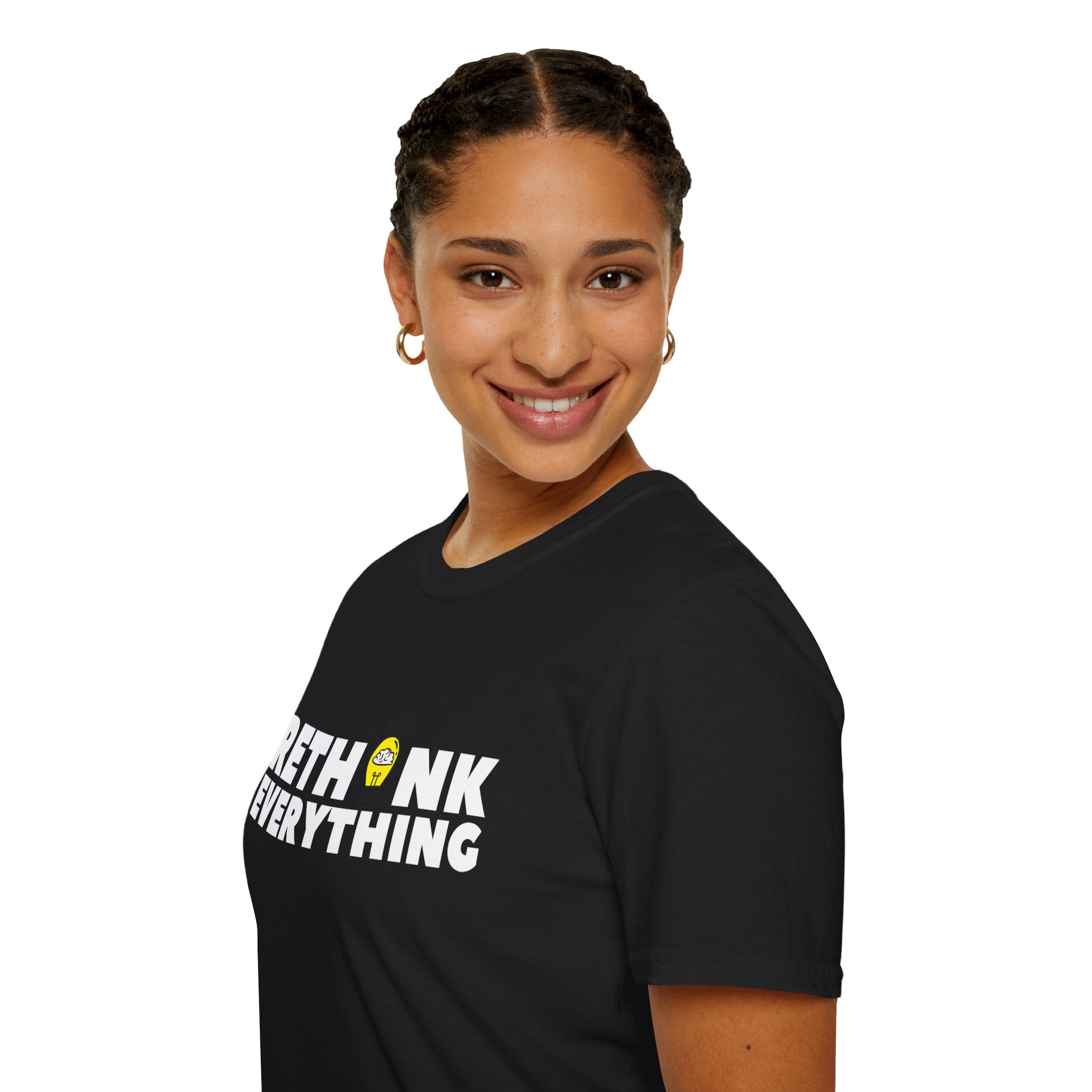Rethink Everything T-Shirt — Bold White Text with Lightbulb Graphic