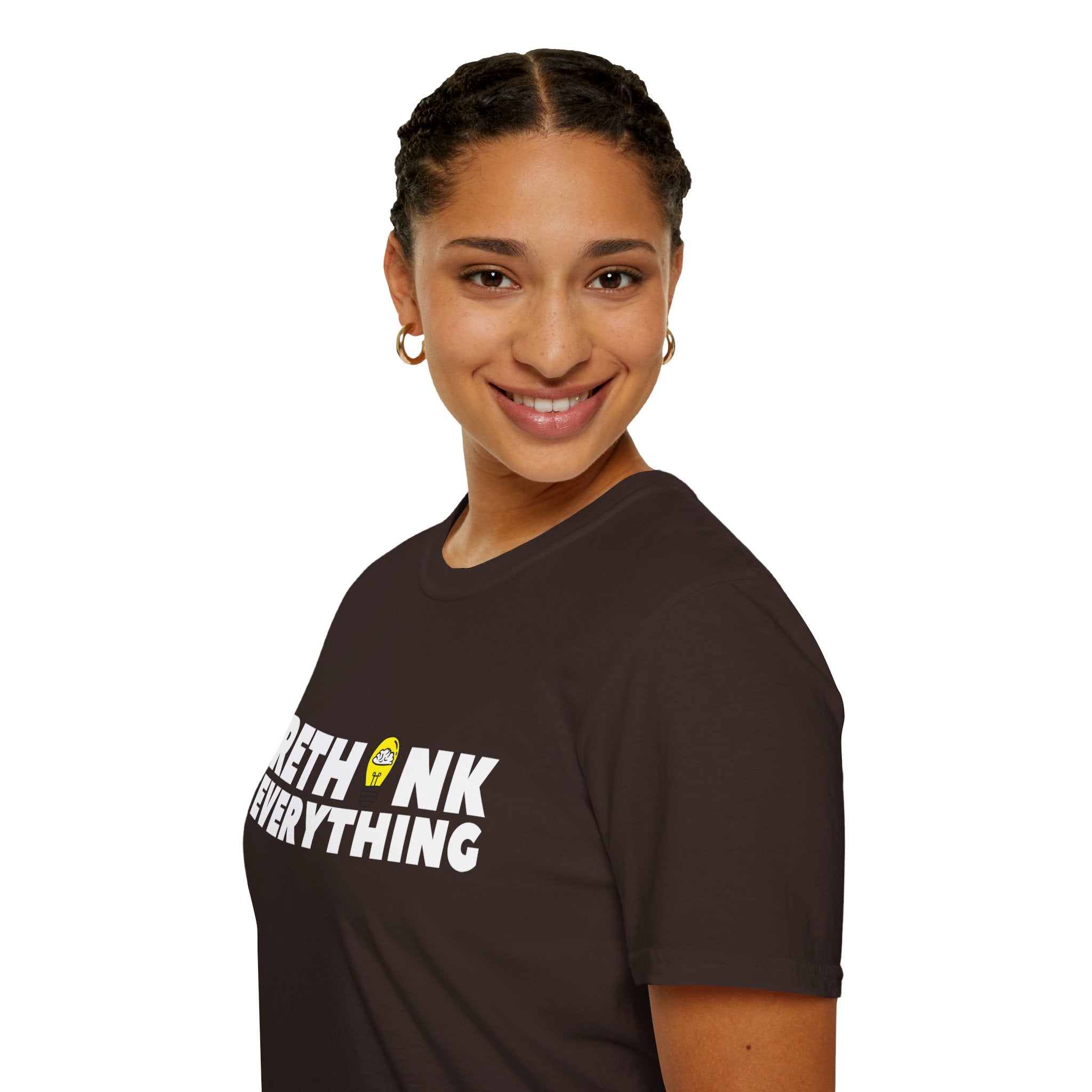Rethink Everything T-Shirt — Bold White Text with Lightbulb Graphic