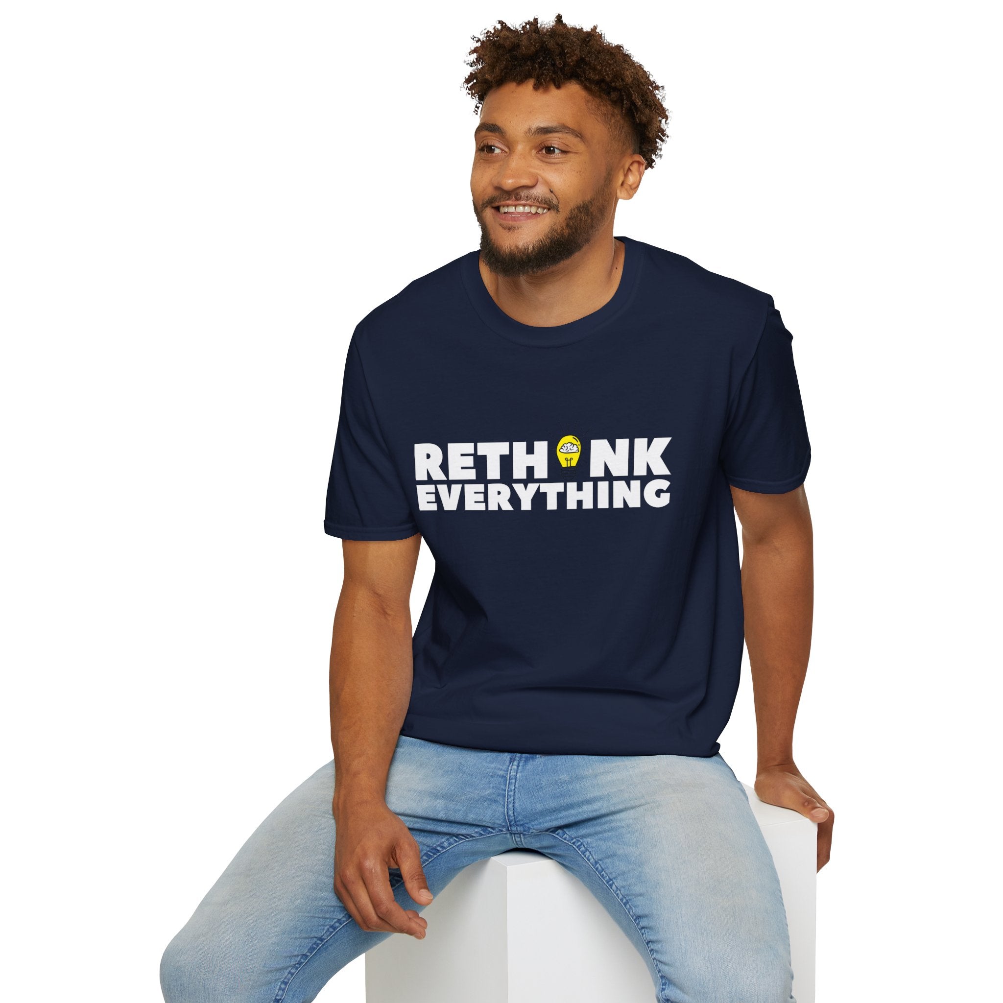 Rethink Everything T-Shirt — Bold White Text with Lightbulb Graphic