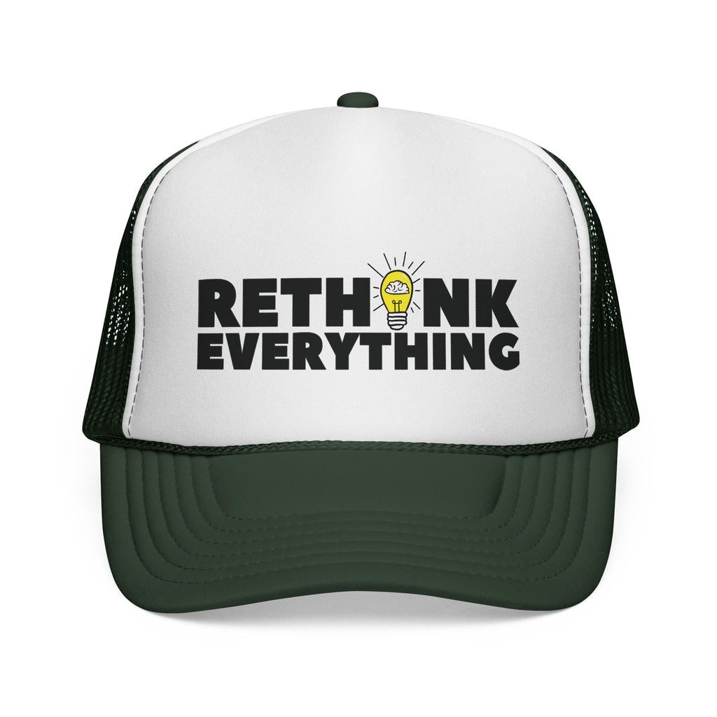 Rethink Everything Mortgage Risk And Compliance Dark green& White Trucker Cap — Bold Graphic Hat with Lightbulb Design