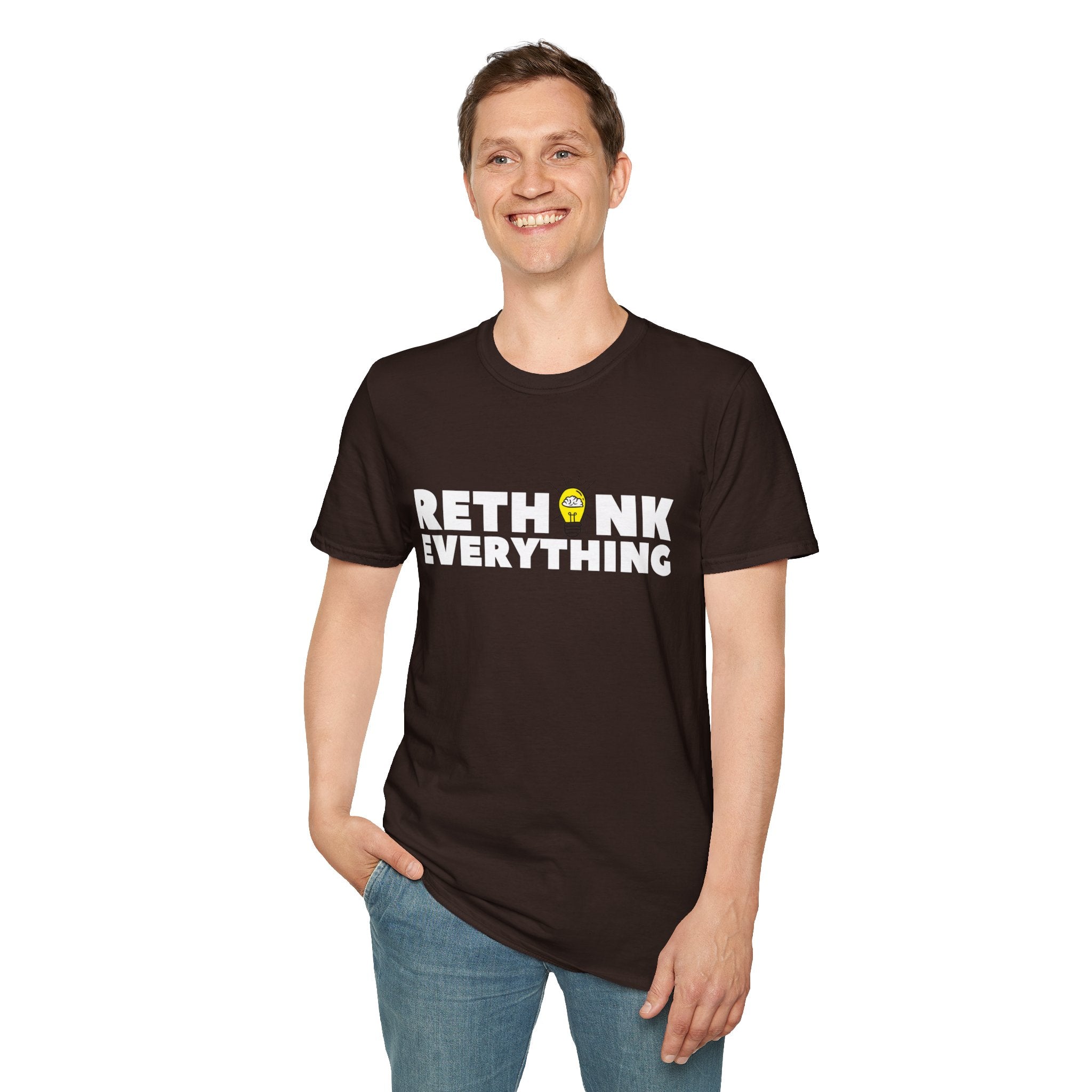 Rethink Everything T-Shirt — Bold White Text with Lightbulb Graphic