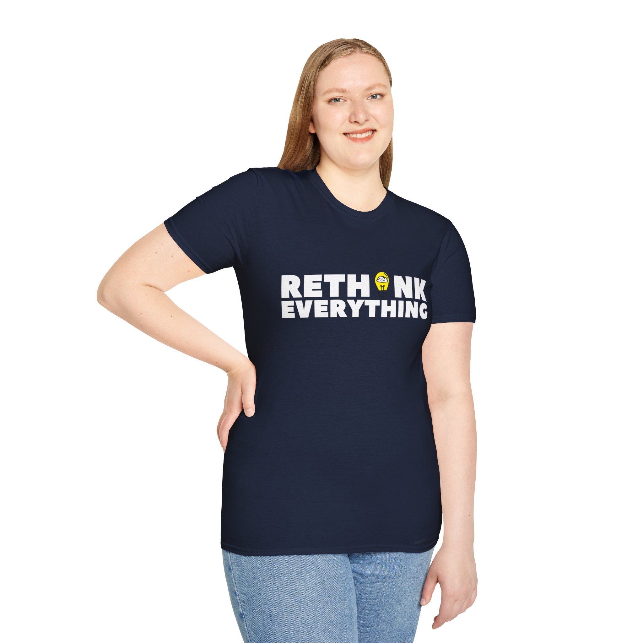 Rethink Everything T-Shirt — Bold White Text with Lightbulb Graphic