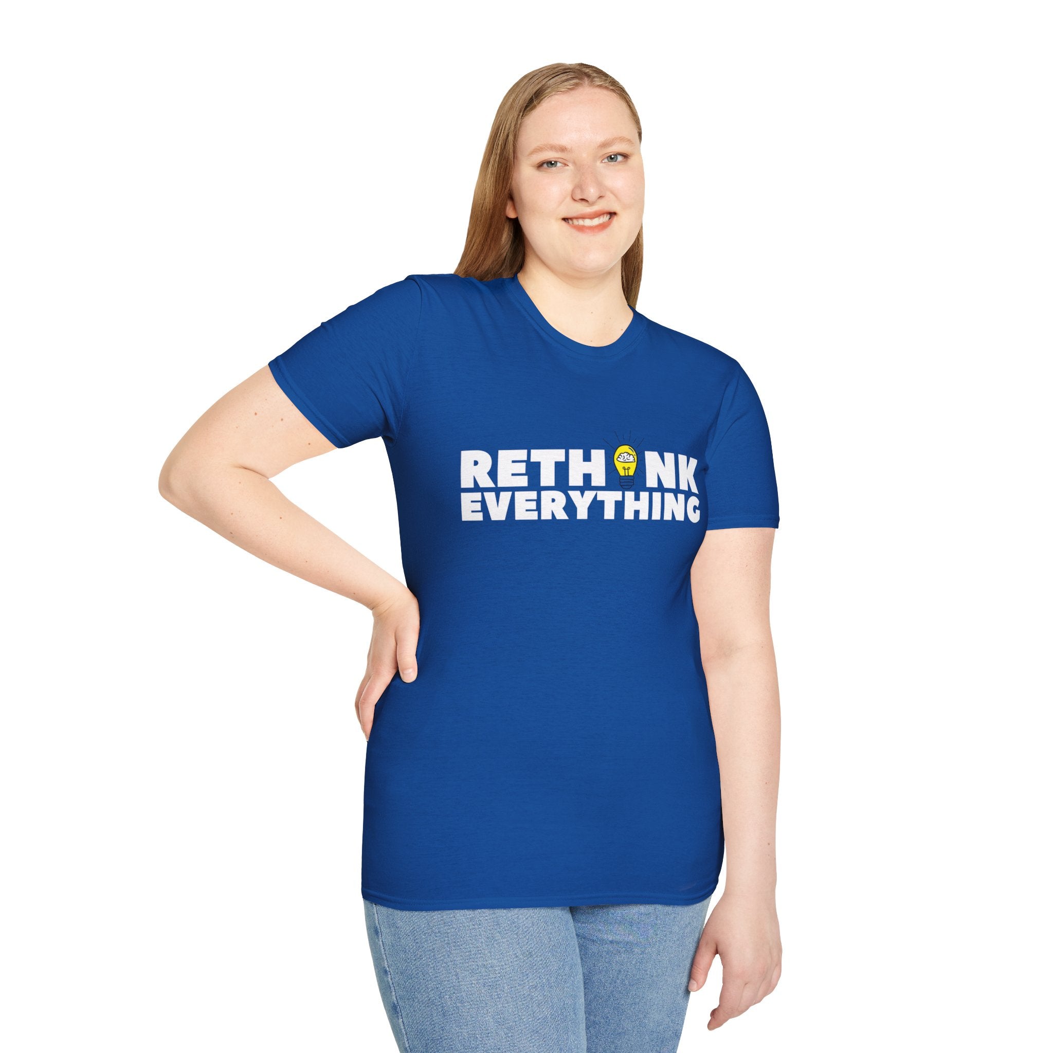 Rethink Everything T-Shirt — Bold White Text with Lightbulb Graphic