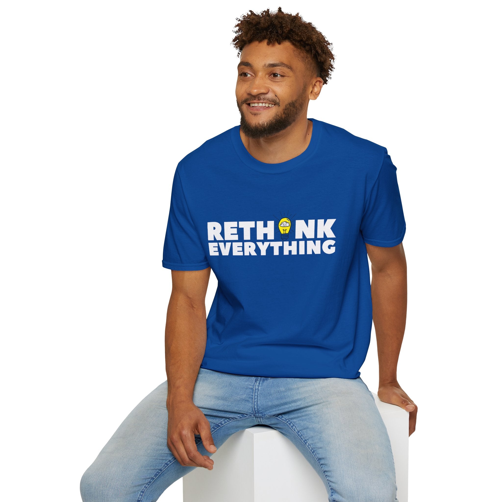 Rethink Everything T-Shirt — Bold White Text with Lightbulb Graphic