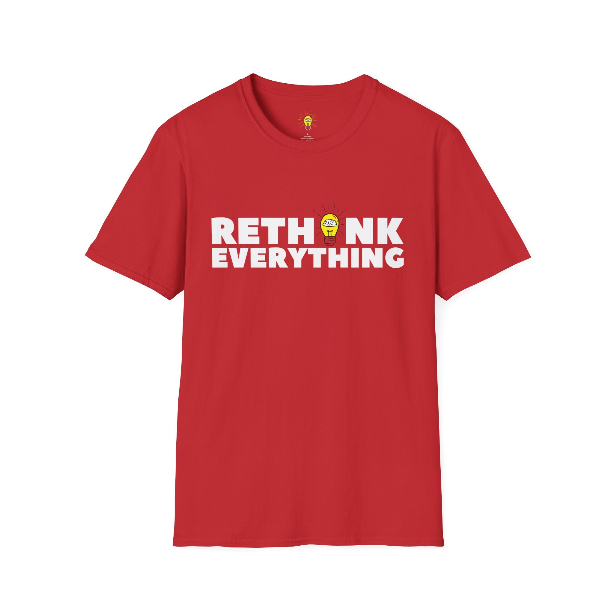 Rethink Everything T-Shirt — Bold White Text with Lightbulb Graphic