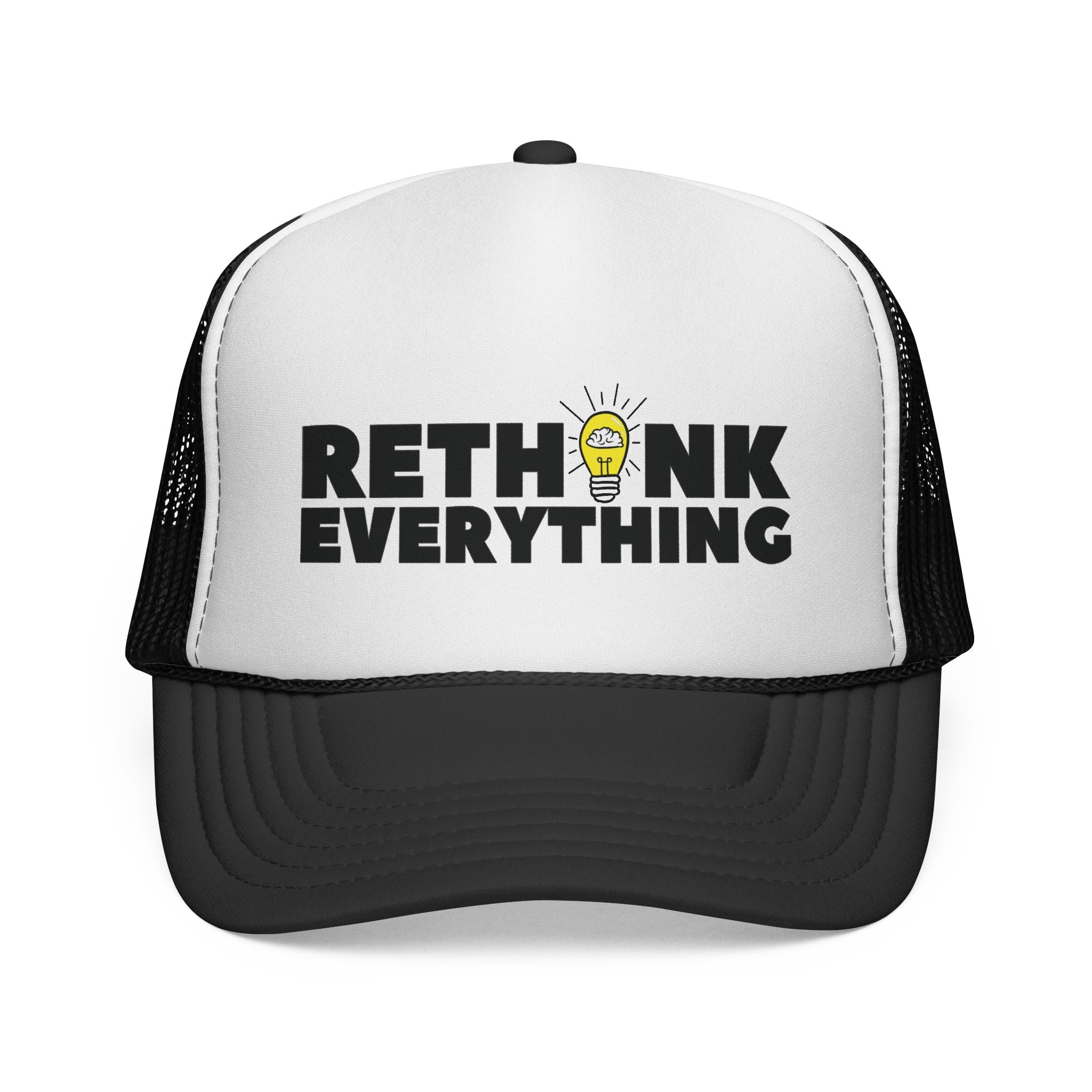 Rethink Everything Black & White Trucker Cap — Bold Graphic Hat with Lightbulb Design