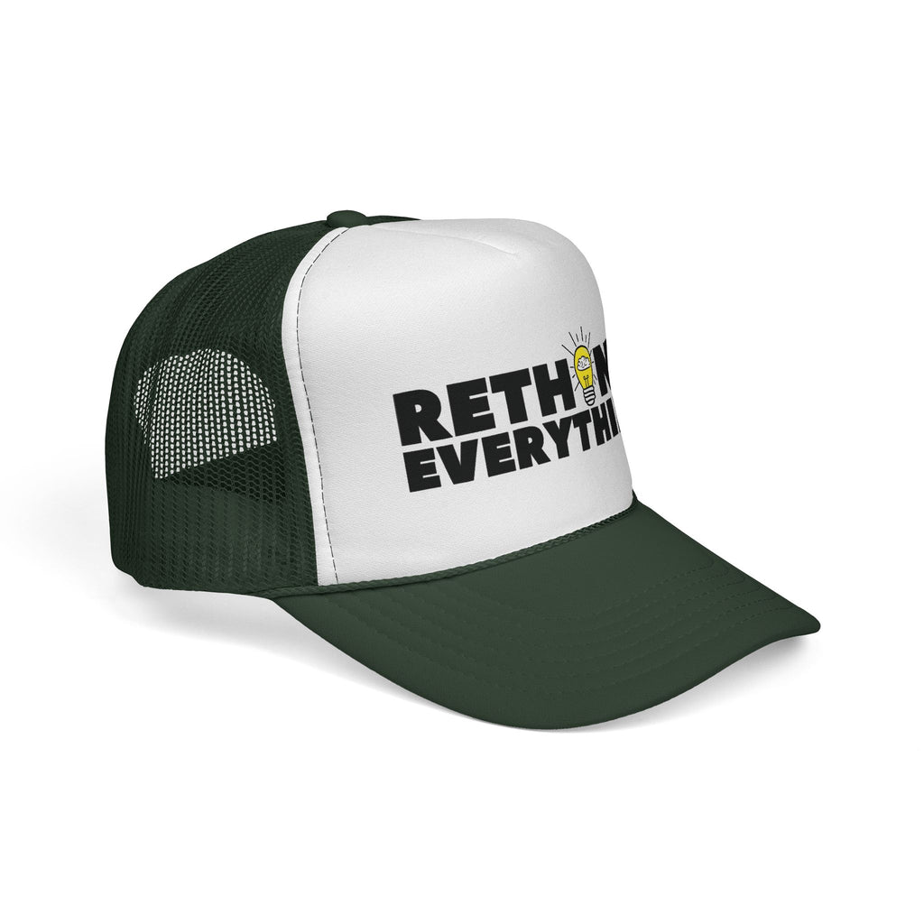 Rethink Everything Mortgage Risk And Compliance Dark green& White Trucker Cap — Bold Graphic Hat with Lightbulb Design