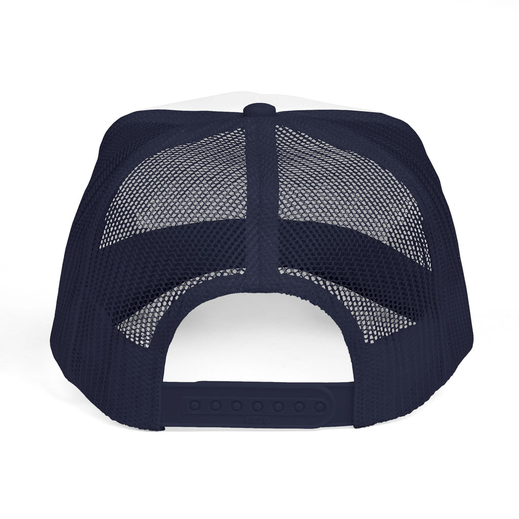 Rethink Everything Prospecting Navy Blue & White Trucker Cap — Bold Graphic Hat with Lightbulb Design