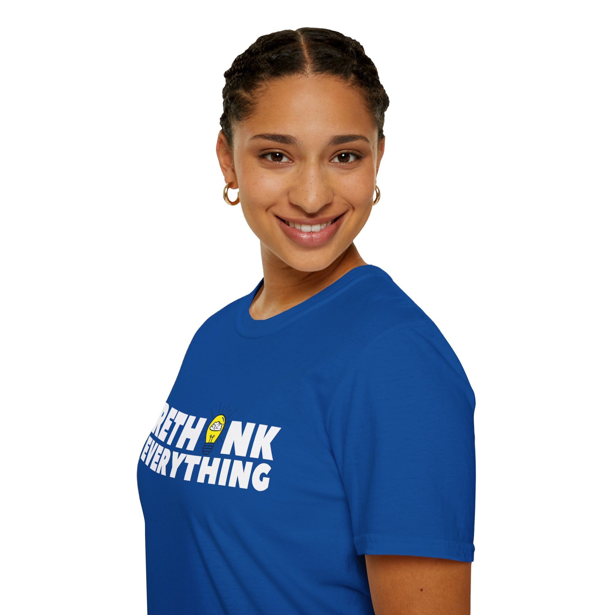 Rethink Everything T-Shirt — Bold White Text with Lightbulb Graphic
