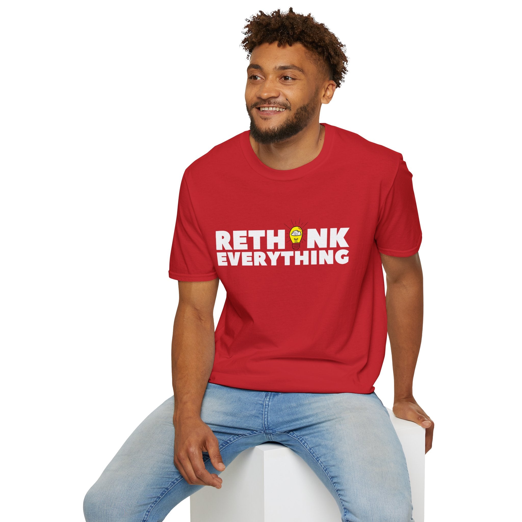 Rethink Everything T-Shirt — Bold White Text with Lightbulb Graphic
