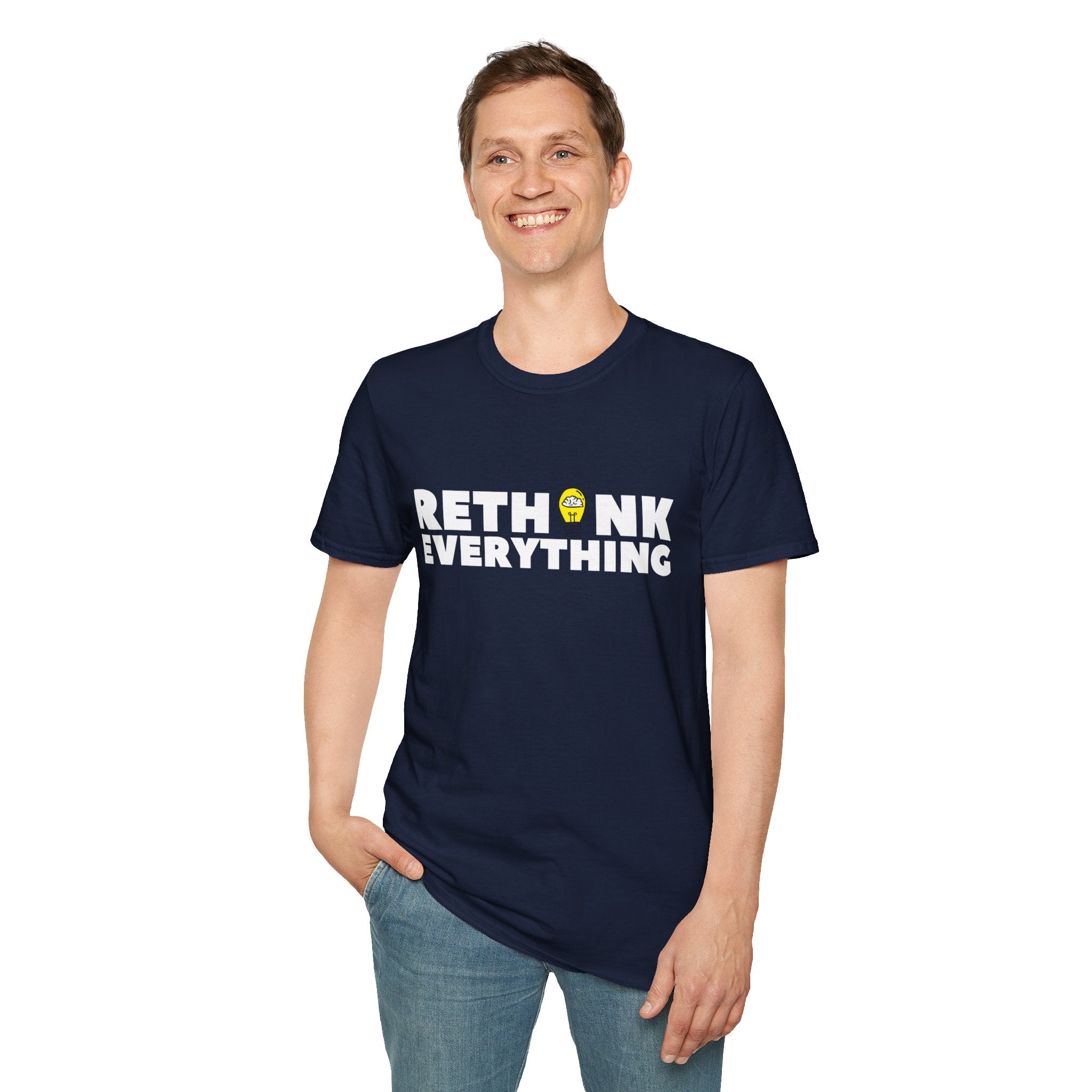 Rethink Everything T-Shirt — Bold White Text with Lightbulb Graphic