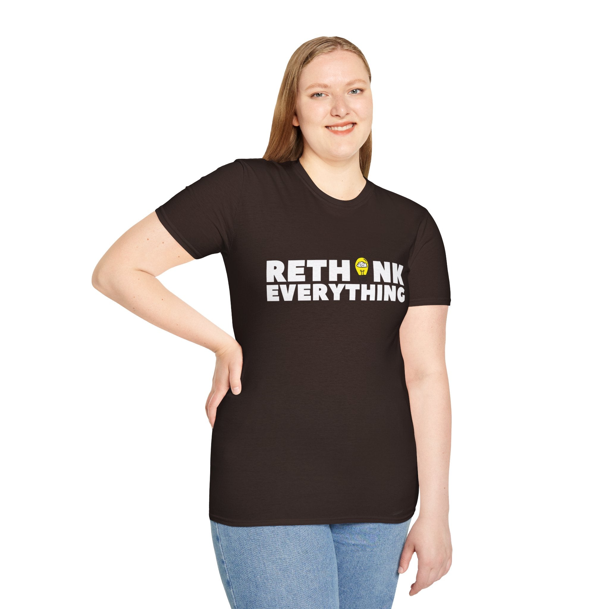 Rethink Everything T-Shirt — Bold White Text with Lightbulb Graphic