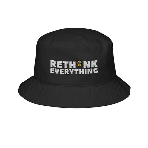 Rethink Everything Black Embroidered Bucket Hat — Cotton Sun Hat