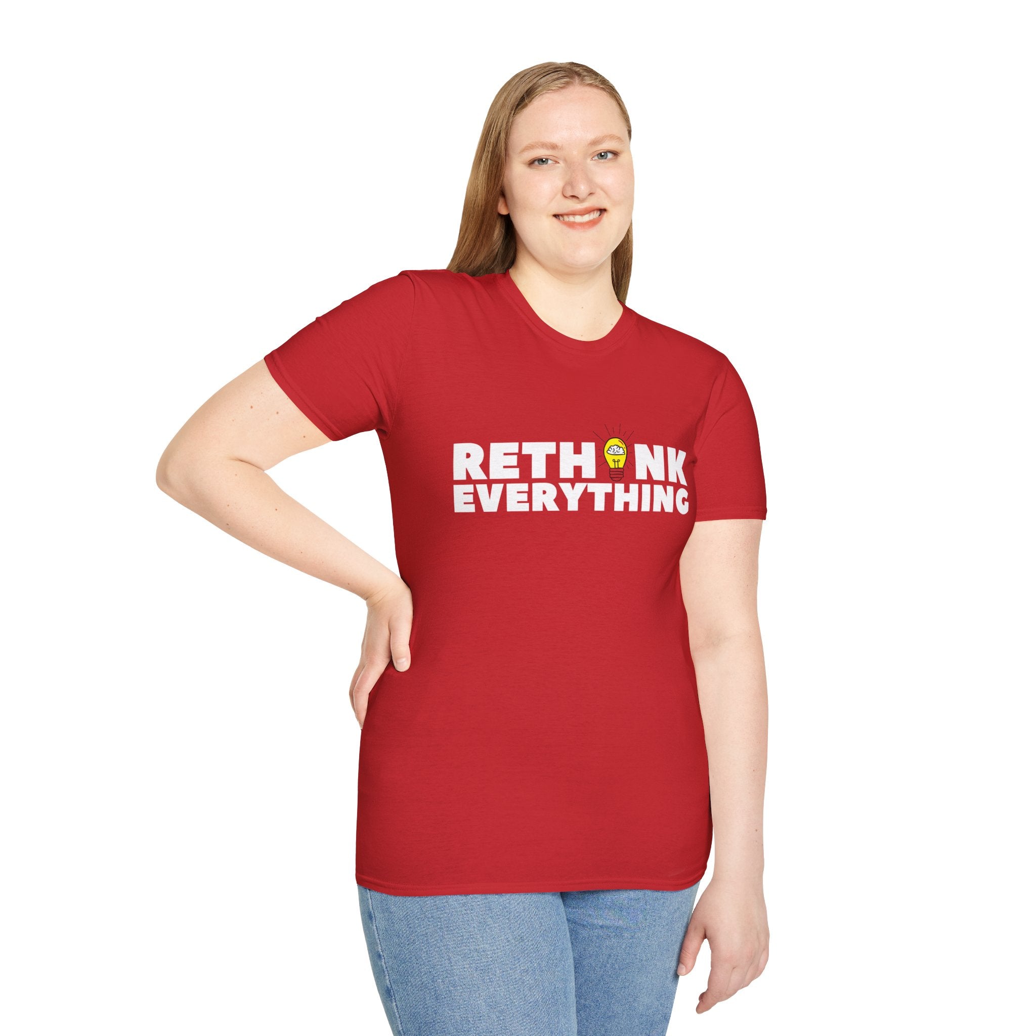 Rethink Everything T-Shirt — Bold White Text with Lightbulb Graphic