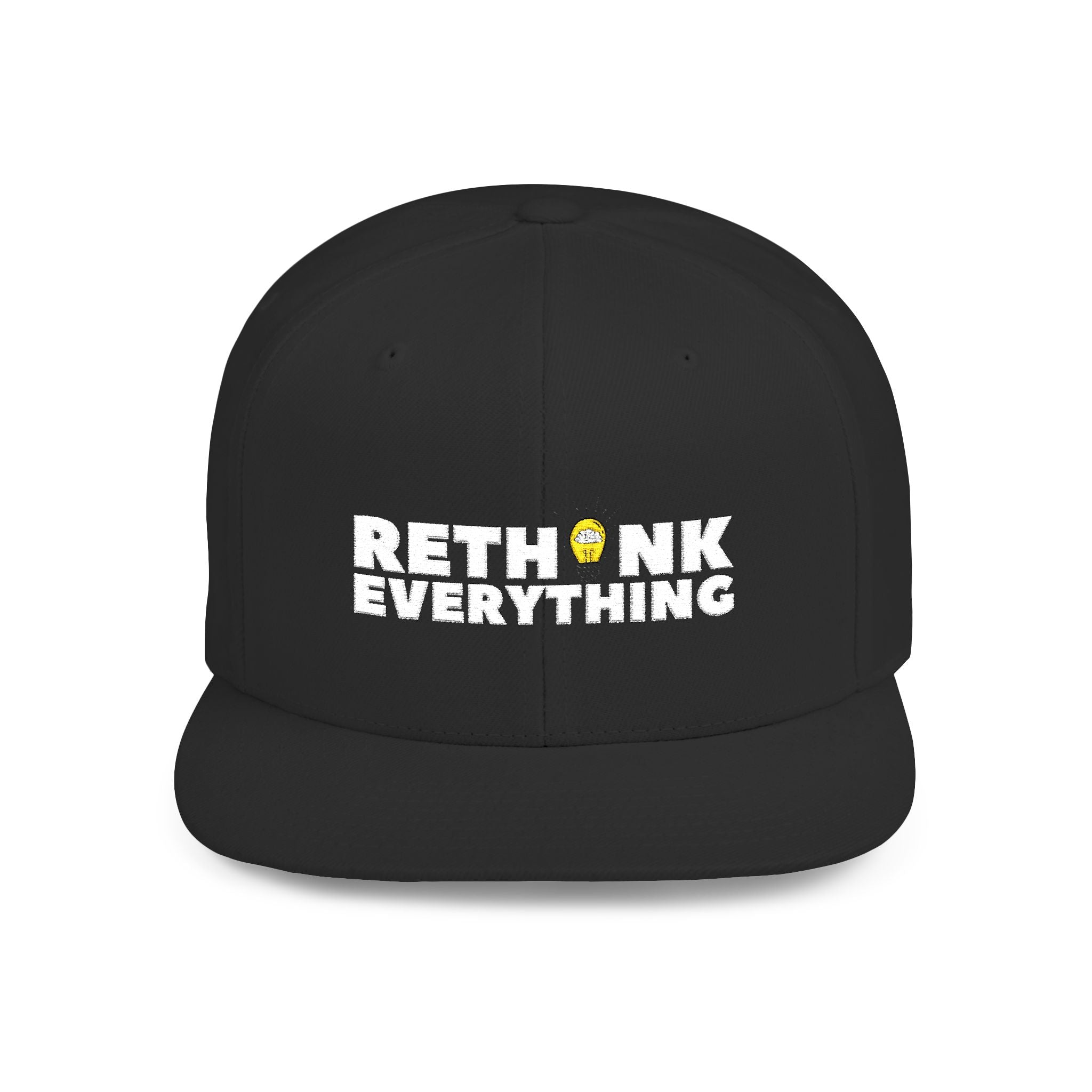 Rethink Everything Black Flat-Bill Snapback Hat — Bold Statement Cap
