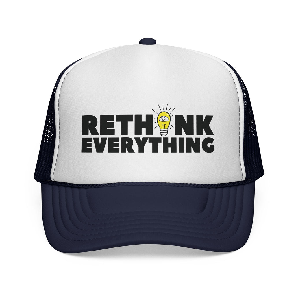 Rethink Everything Prospecting Navy Blue & White Trucker Cap — Bold Graphic Hat with Lightbulb Design
