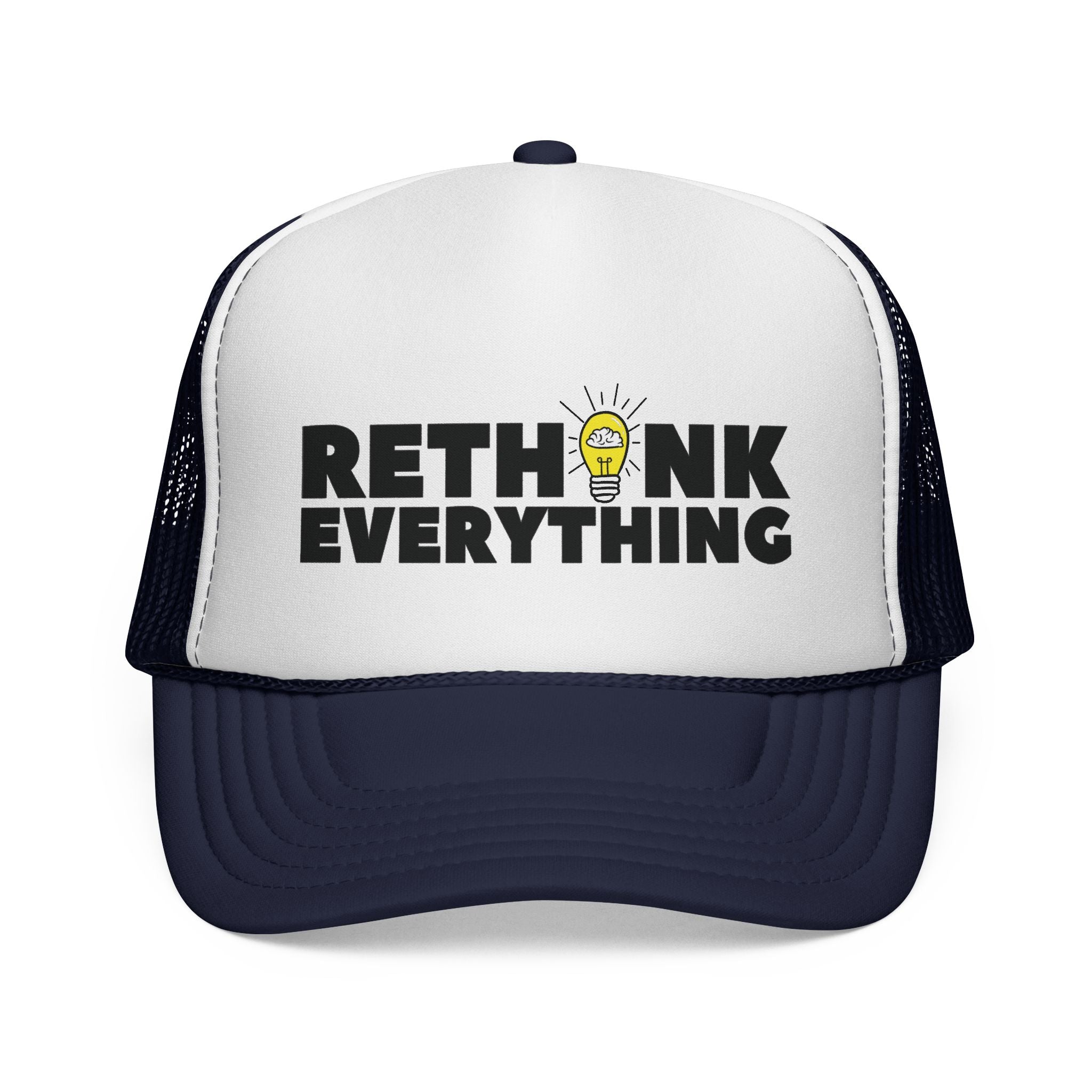 Rethink Everything Prospecting Navy Blue & White Trucker Cap — Bold Graphic Hat with Lightbulb Design