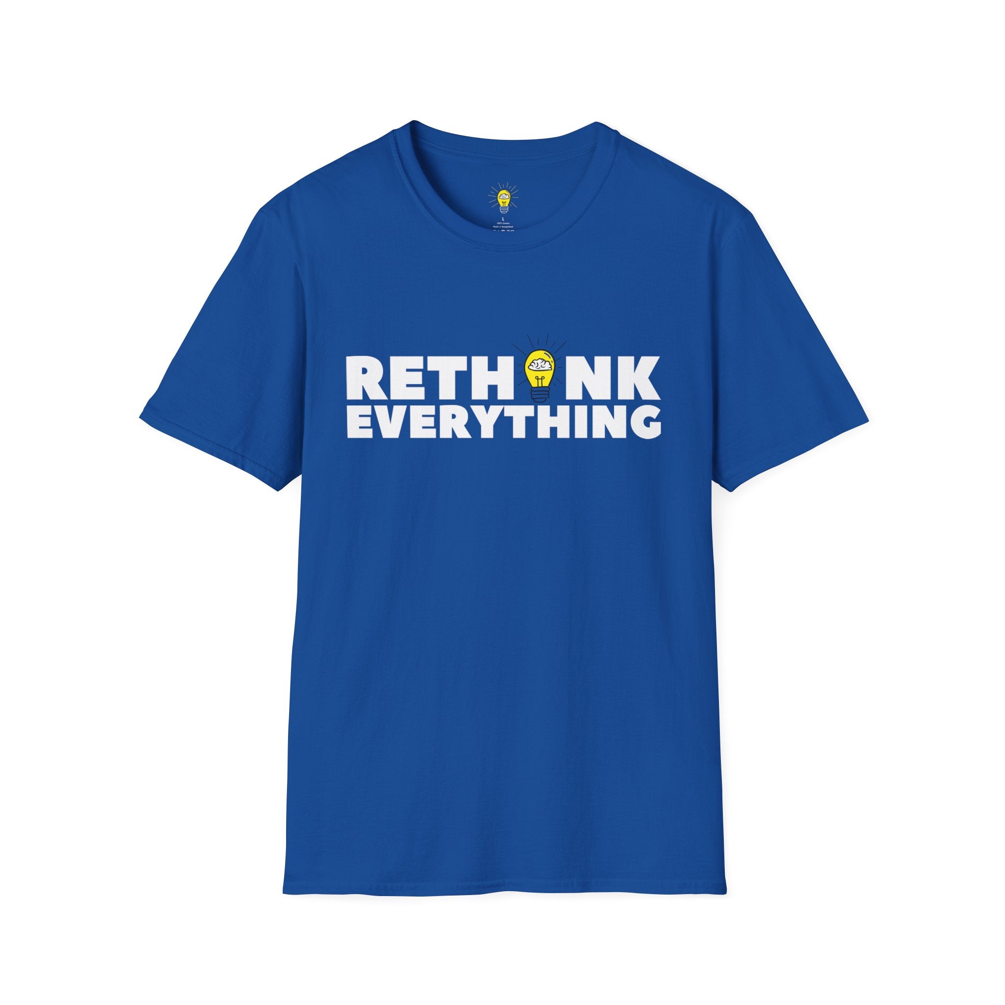 Rethink Everything T-Shirt — Bold White Text with Lightbulb Graphic