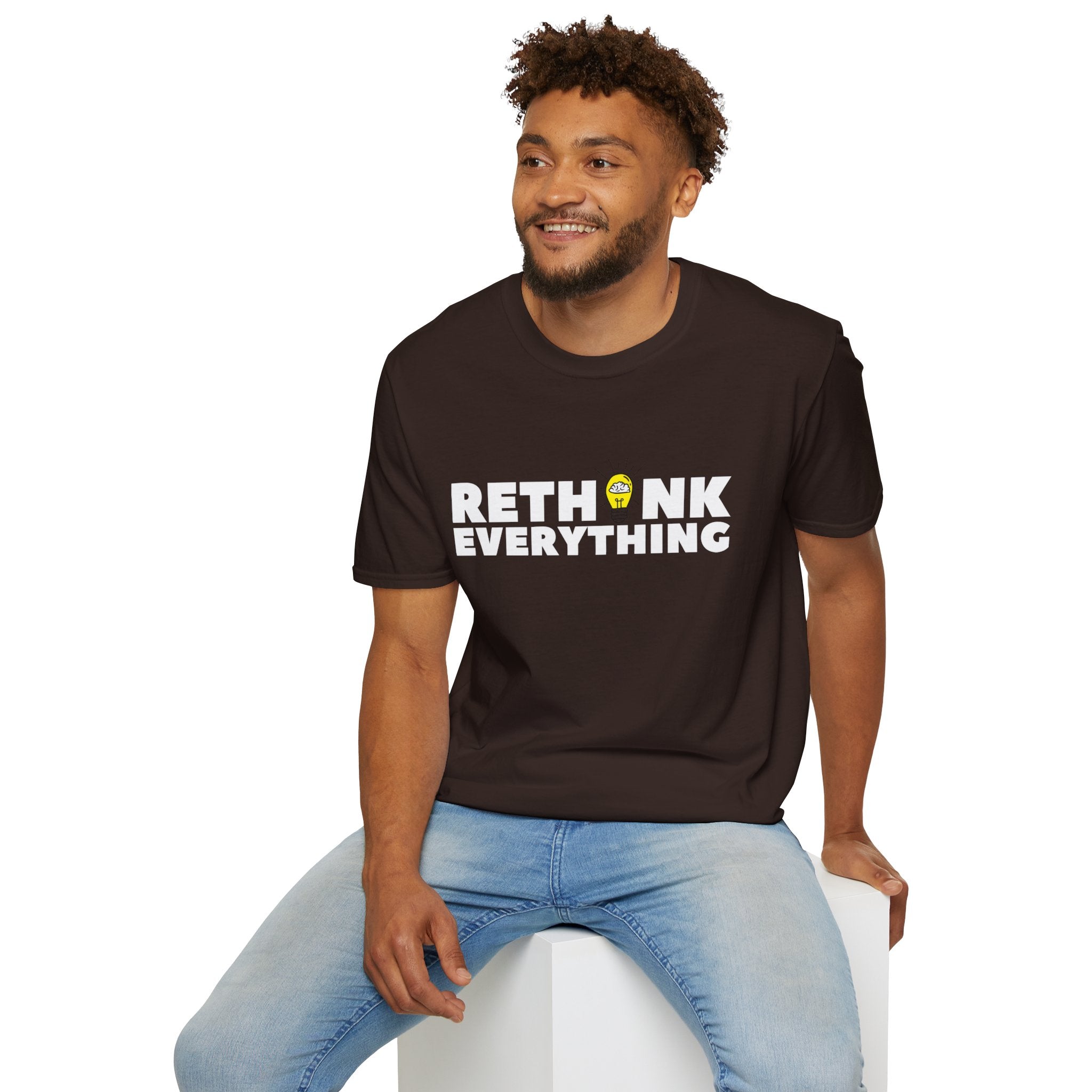 Rethink Everything T-Shirt — Bold White Text with Lightbulb Graphic