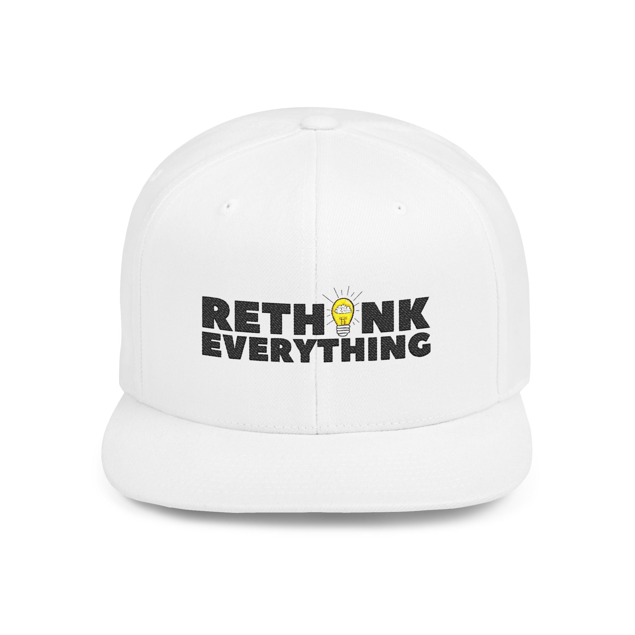 Rethink Everything White Flat-Bill Snapback Hat — Bold Statement Cap