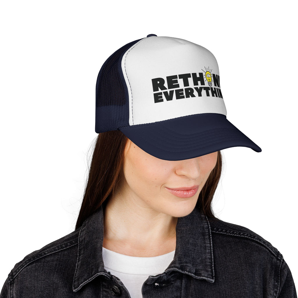 Rethink Everything Prospecting Navy Blue & White Trucker Cap — Bold Graphic Hat with Lightbulb Design