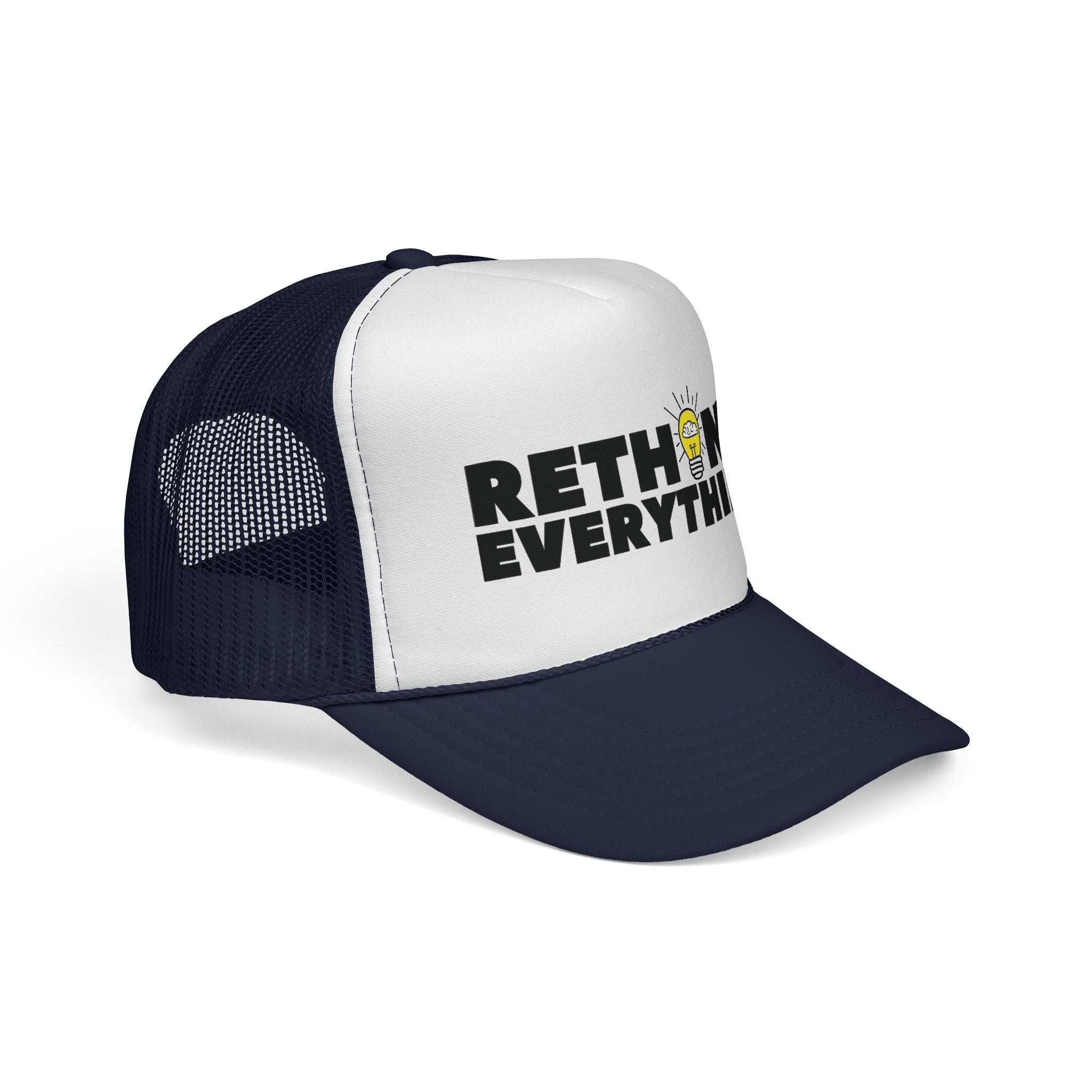 Rethink Everything Prospecting Navy Blue & White Trucker Cap — Bold Graphic Hat with Lightbulb Design