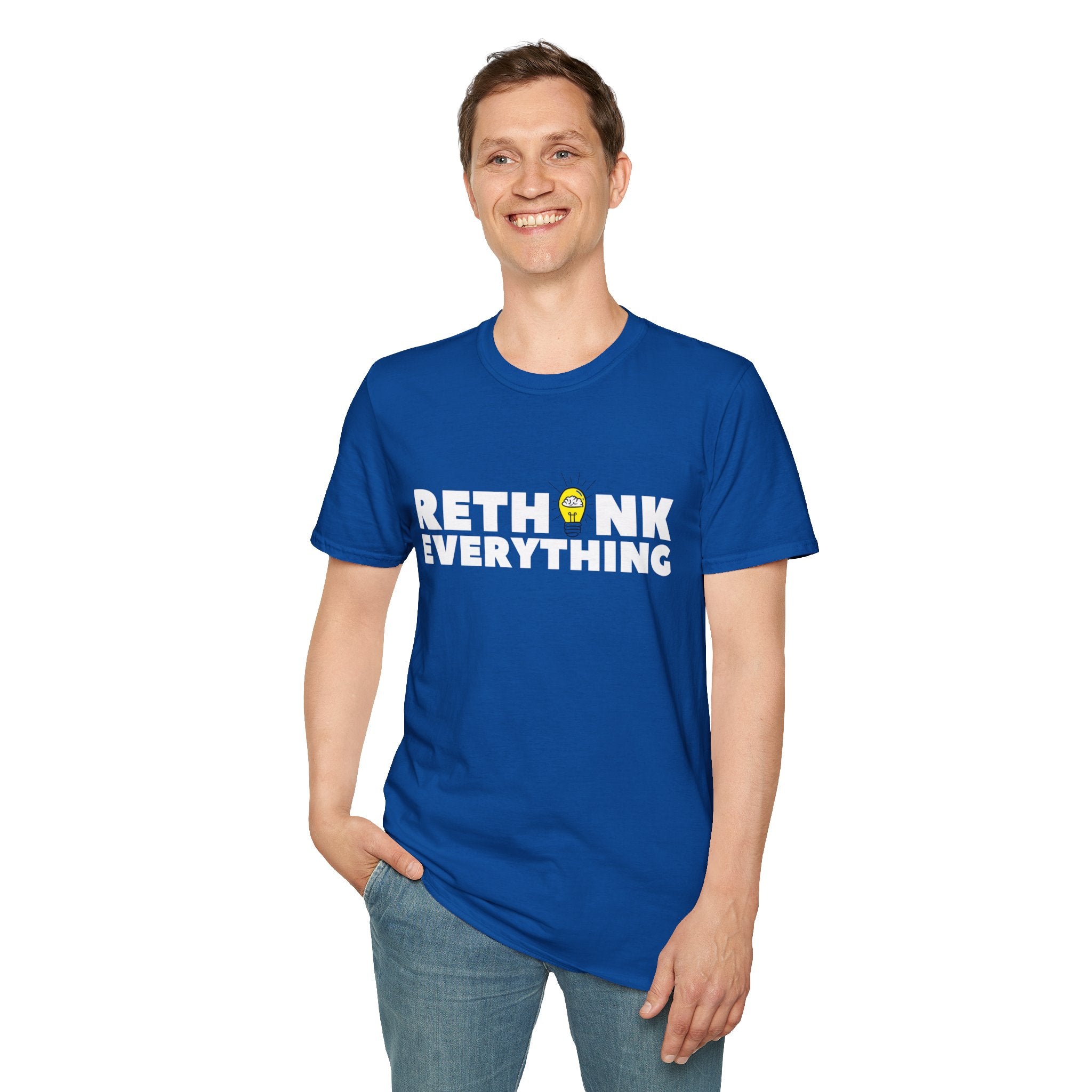 Rethink Everything T-Shirt — Bold White Text with Lightbulb Graphic