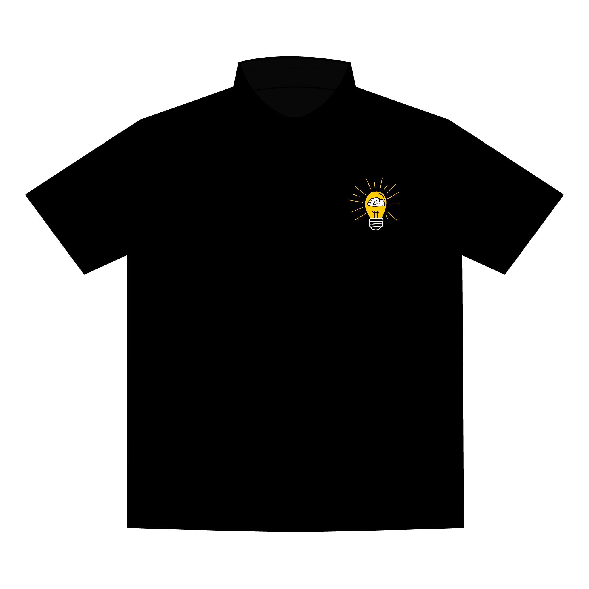 Rethink Everything Premium Black Men's Recharge Polo — Light Bulb Idea Logo Chest Tee